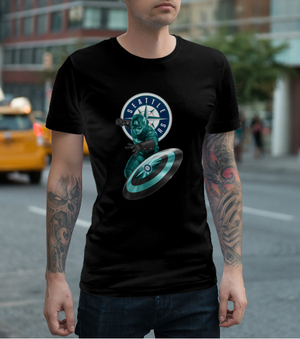 Seattle Mariners Captain America Logo Shield Crossover Baseball Superhero Collaboration T-Shirt