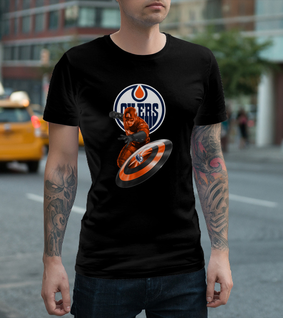 Edmonton Oilers Captain America Crossover With Shield Logo And Dynamic Pose T-Shirt