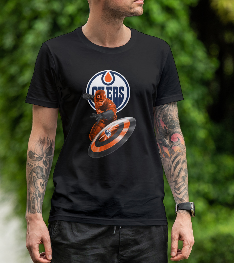 Edmonton Oilers Captain America Crossover With Shield Logo And Dynamic Pose T-Shirt