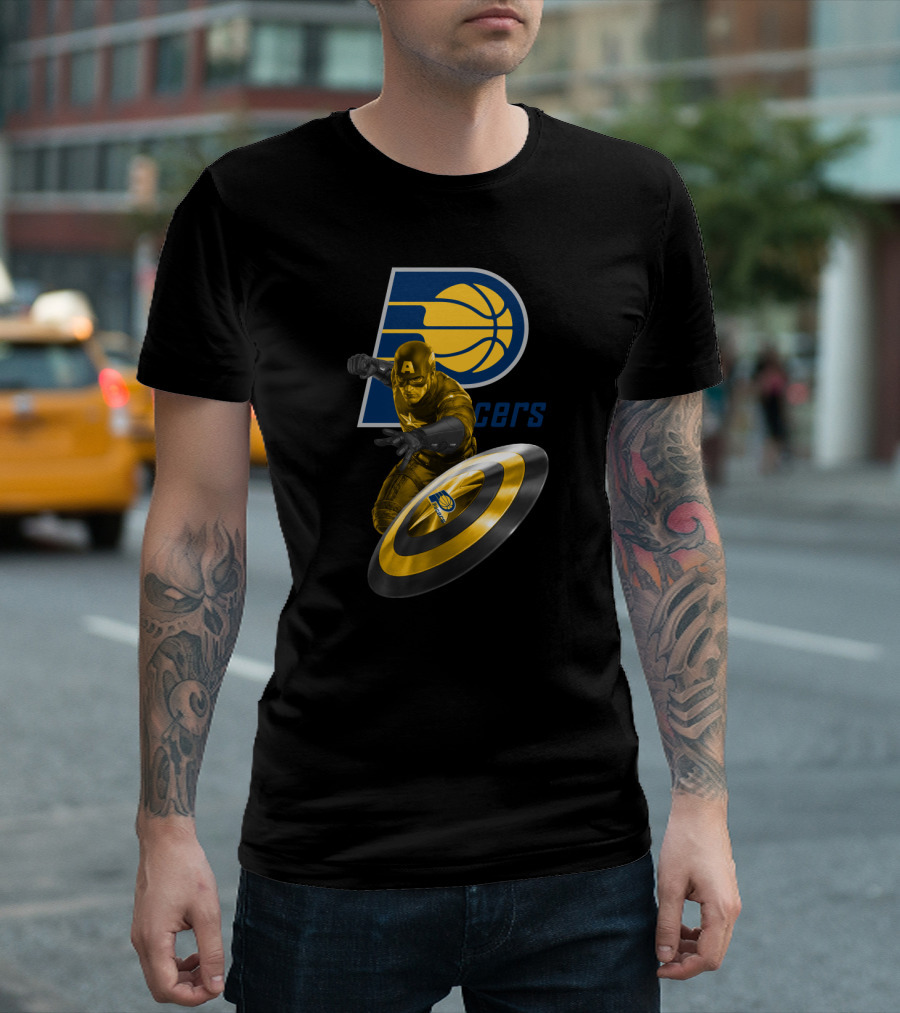 Pacers Logo With Marvel Captain America And Shield T-Shirt