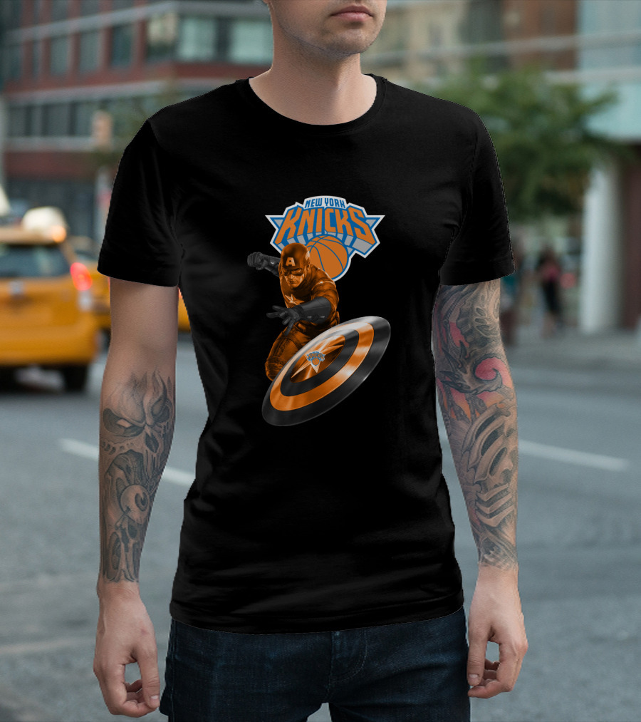 New York Knicks Captain America Crossover Imagery With Shield And Basketball T-Shirt