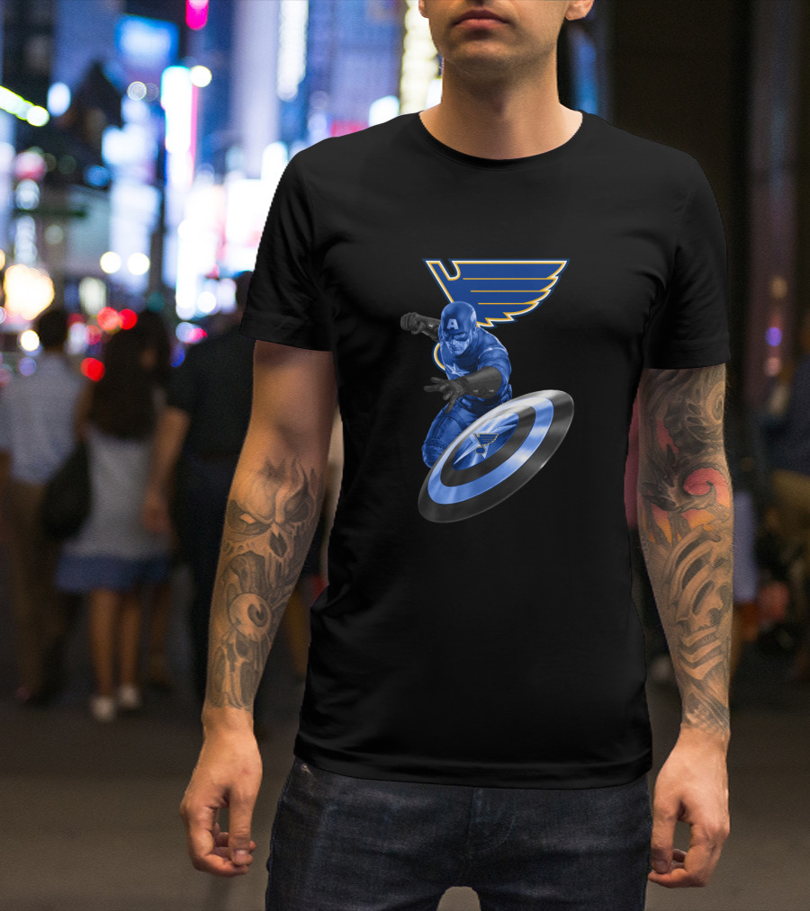 Captain America With St. Louis Blues Logo Crossover Fan Gear T-Shirt