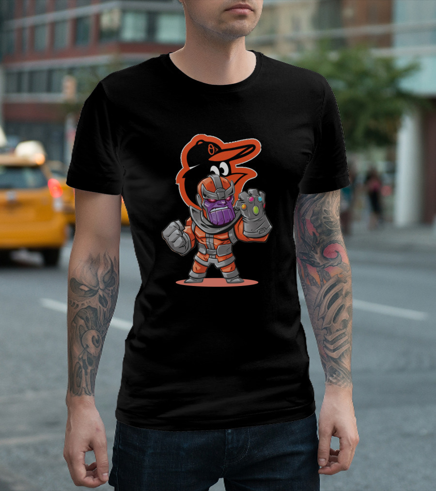 Thanos Cartoon Character In Baltimore Orioles Colors With Infinity Gauntlet T-Shirt