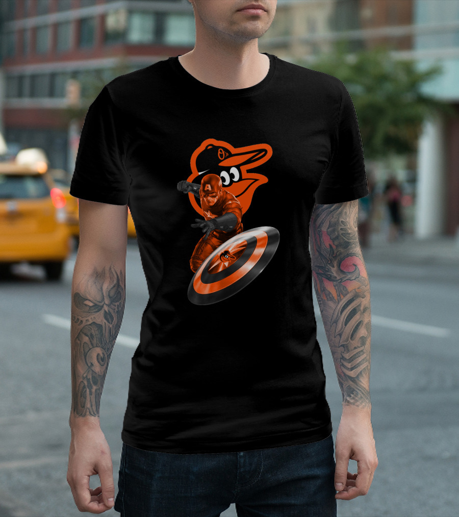 Baltimore Orioles Captain America Crossover Shield Logo Collaboration T-Shirt