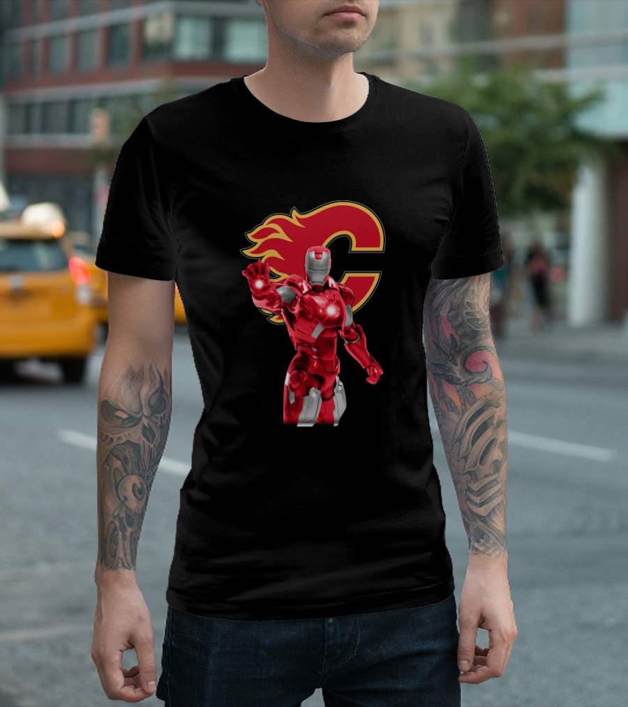 Iron Man Marvel Calgary Flames Nhl Crossover T-Shirt