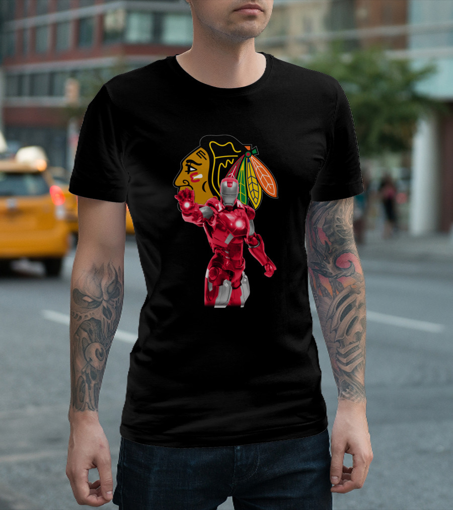 Iron Man Meets Chicago Blackhawks Logo Collaboration T-Shirt