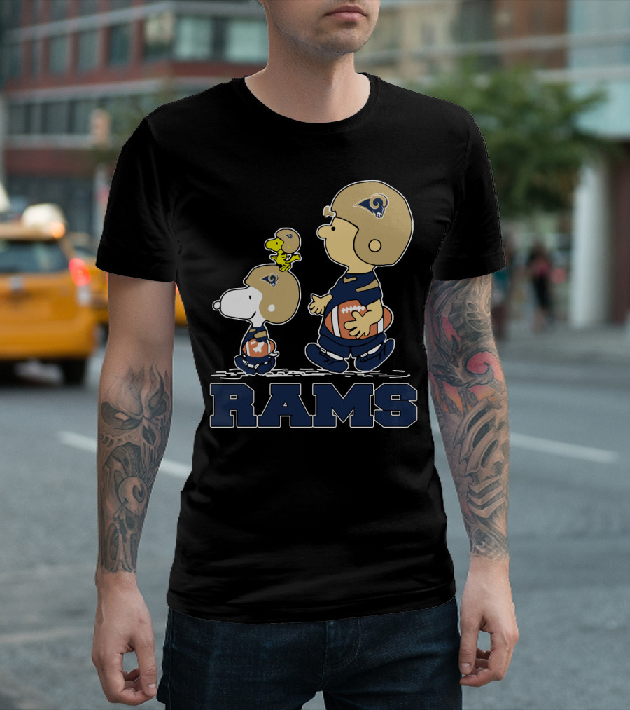 Snoopy And Woodstock With Los Angeles Rams Helmets And Football T-Shirt