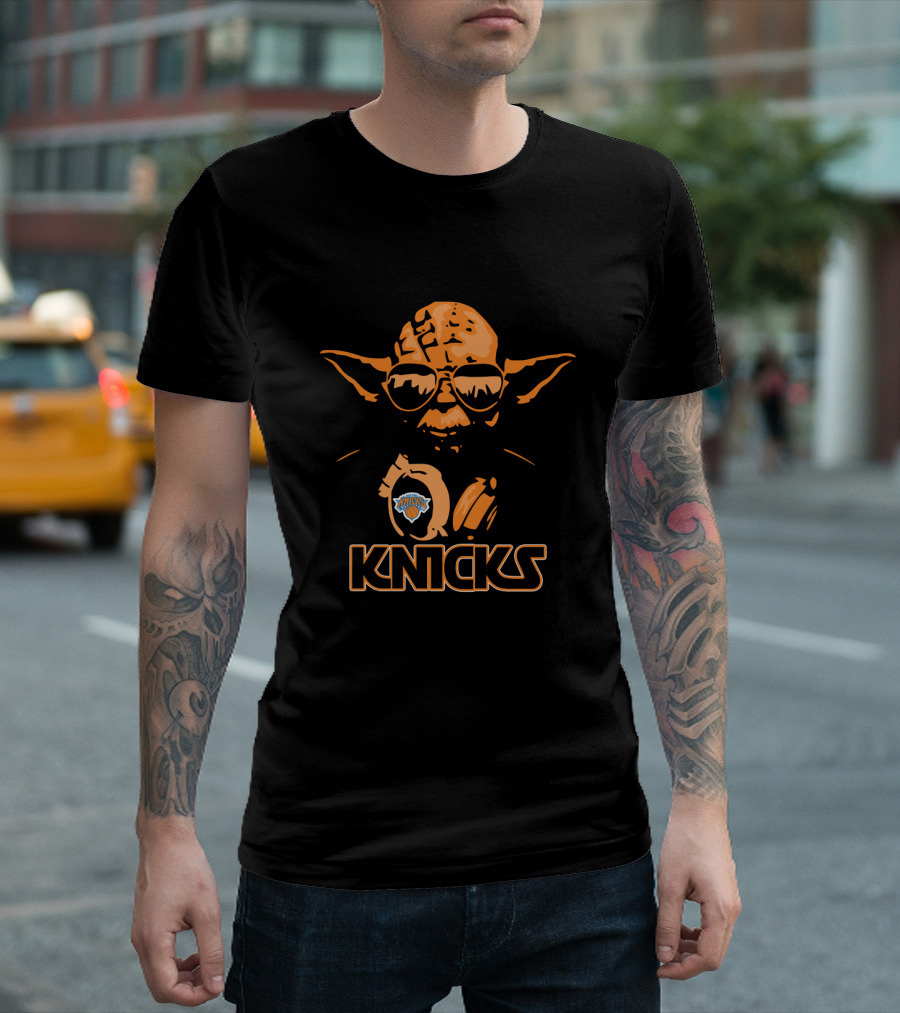 Yoda Wearing Sunglasses And Headphones With New York Knicks T-Shirt