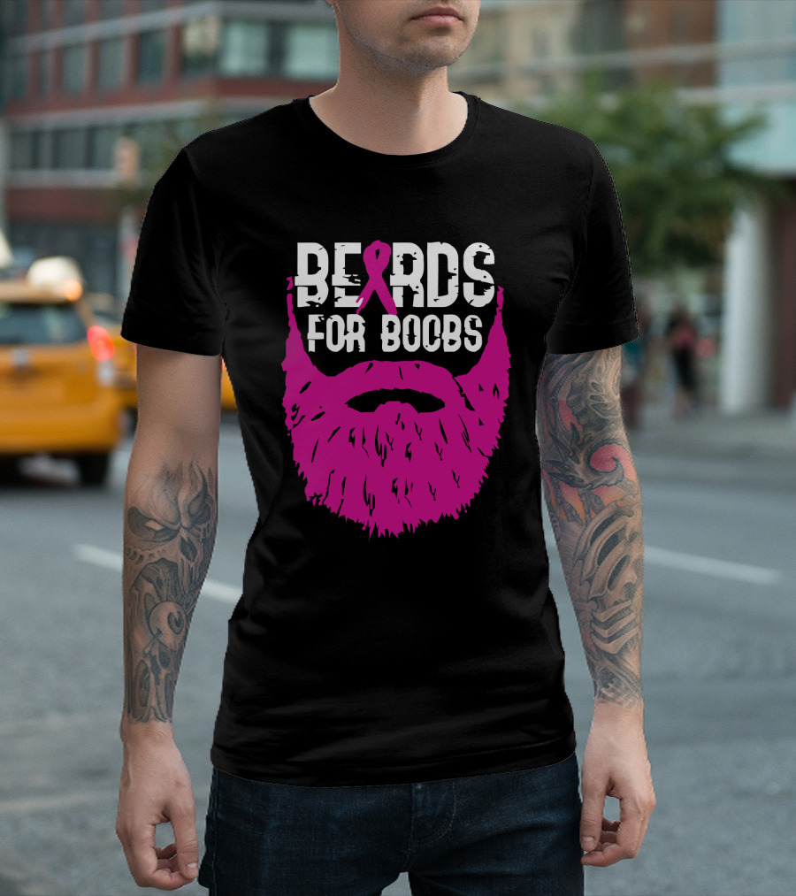 Beards For Boobs Breast Cancer Awareness Pink Ribbon Beard T-Shirt