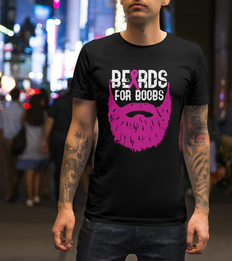 Beards For Boobs Breast Cancer Awareness Pink Ribbon Beard T-Shirt