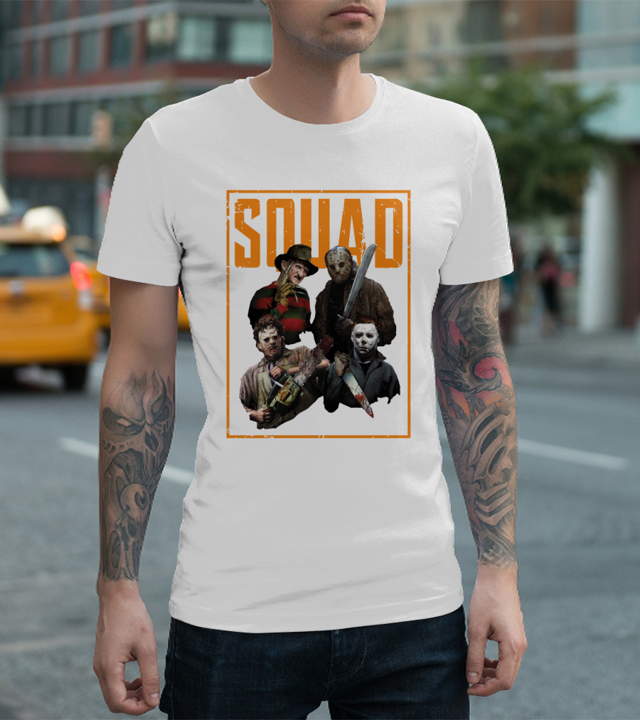 Squad Featuring Iconic Horror Characters in T-Shirt