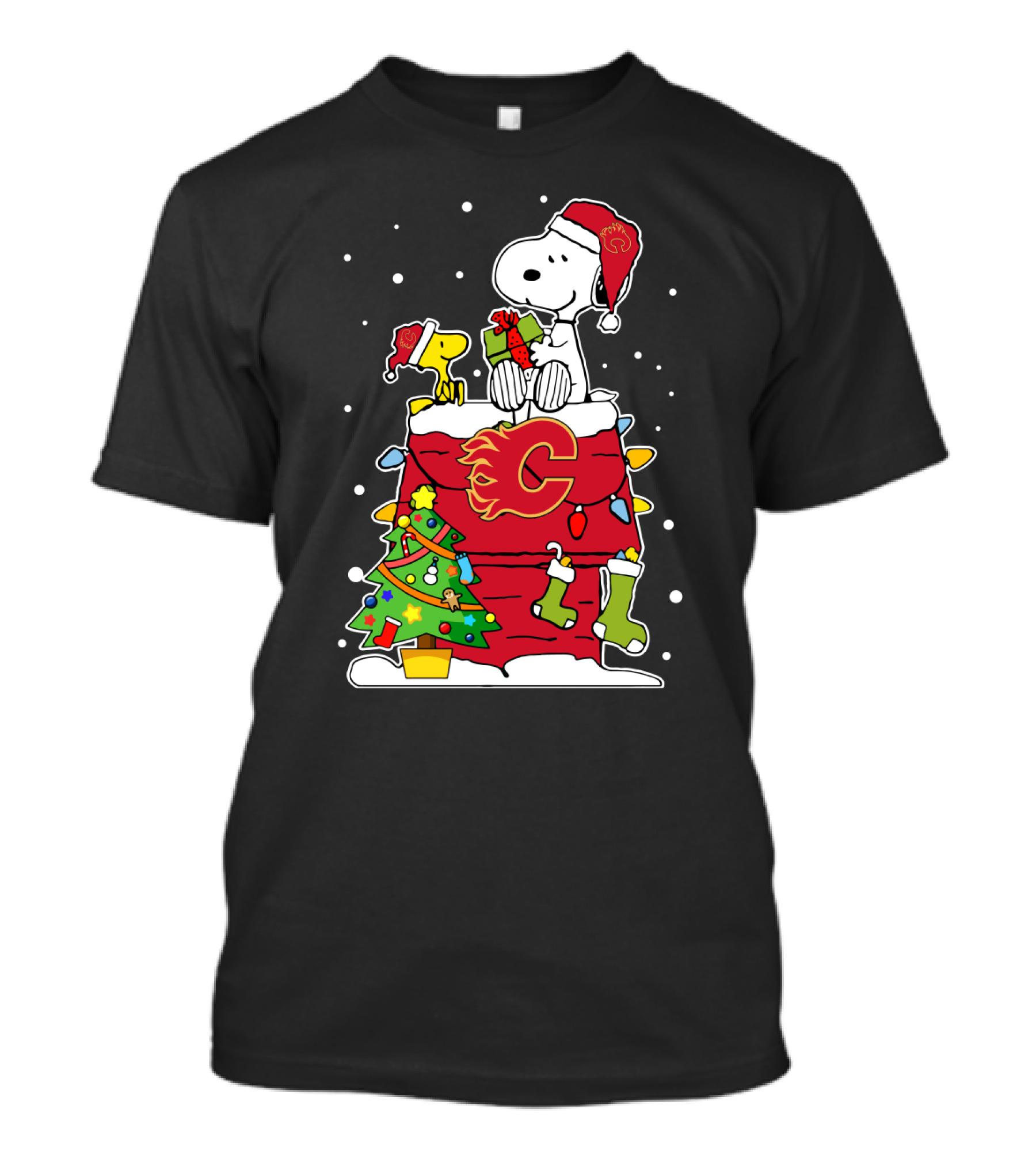 Calgary Flames Snoopy Lover Christmas Scene Featuring C Logo And Woodstock T-Shirt