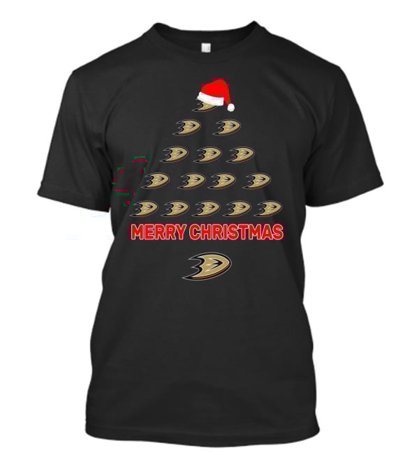 Merry Christmas Anaheim Ducks Tree With Santa Hat T-Shirt