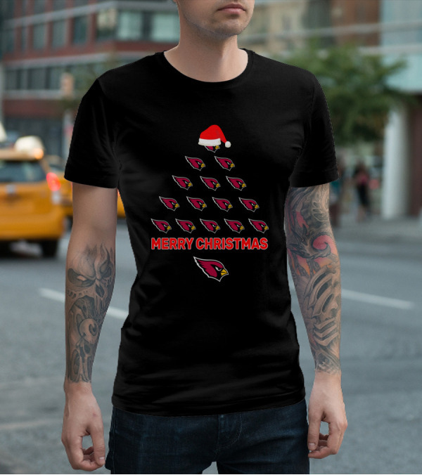 Merry Christmas Arizona Cardinals Tree With Santa Hat T-Shirt