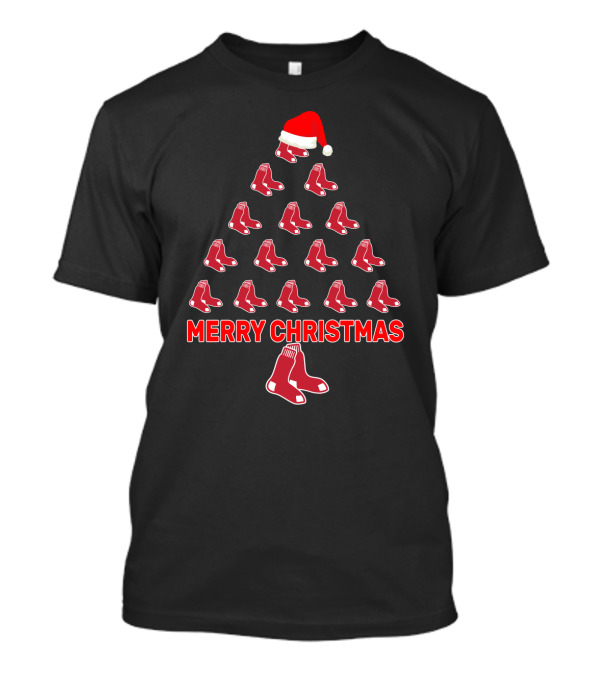 Merry Christmas Red Sox Fans Christmas Tree With Santa Hat T-Shirt