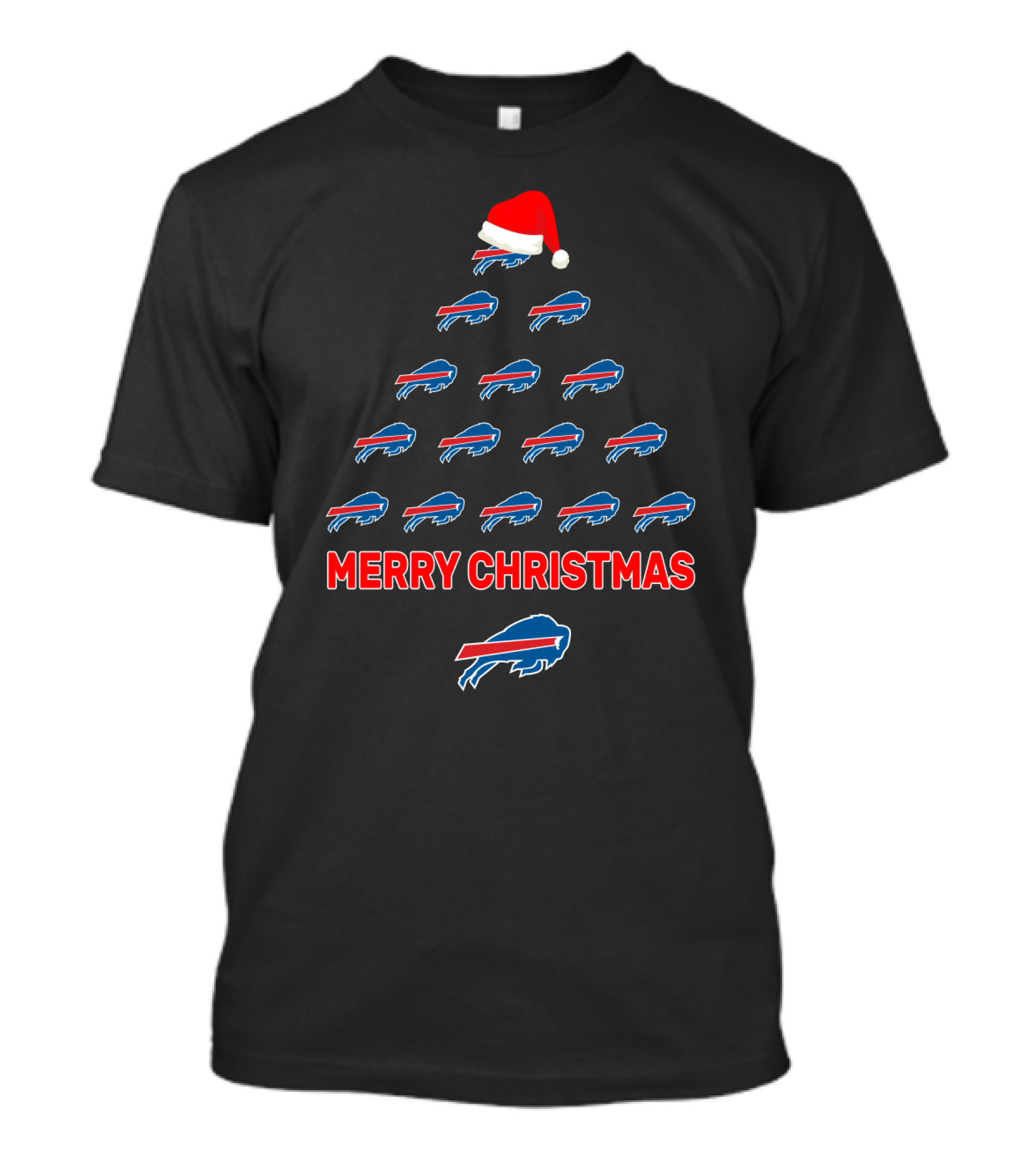 Buffalo Bills Merry Christmas Tree With Santa Hat Formation T-Shirt
