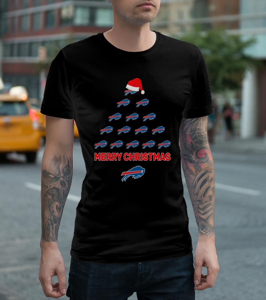 Buffalo Bills Merry Christmas Tree With Santa Hat Formation T-Shirt
