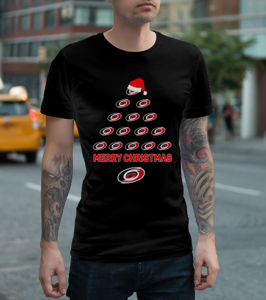 Carolina Hurricanes Merry Christmas Tree With Santa Hat T-Shirt