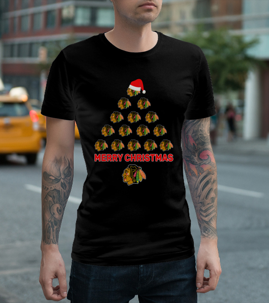 Merry Christmas Tree With Chicago Blackhawks Logos And Santa Hat T-Shirt
