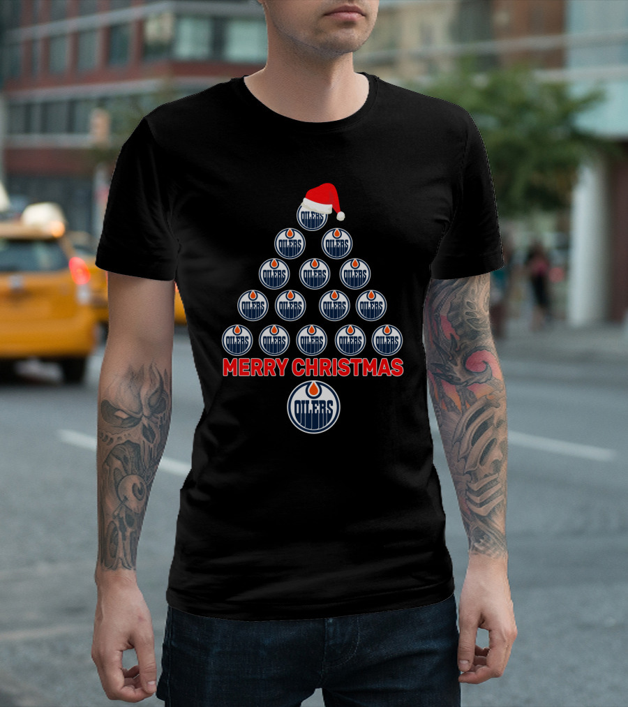 Merry Christmas Edmonton Oilers Tree With Santa Hat T-Shirt