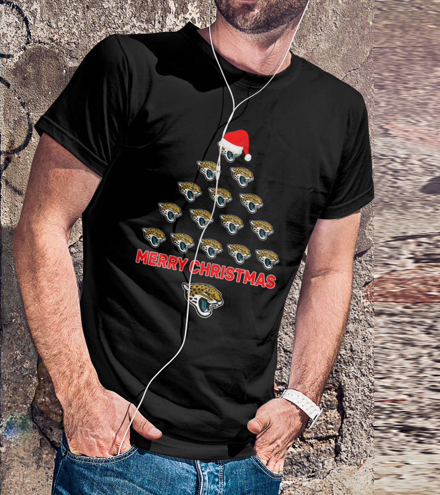 Jacksonville Jaguars Merry Christmas Tree With Santa Hat Decor For Fans T-Shirt