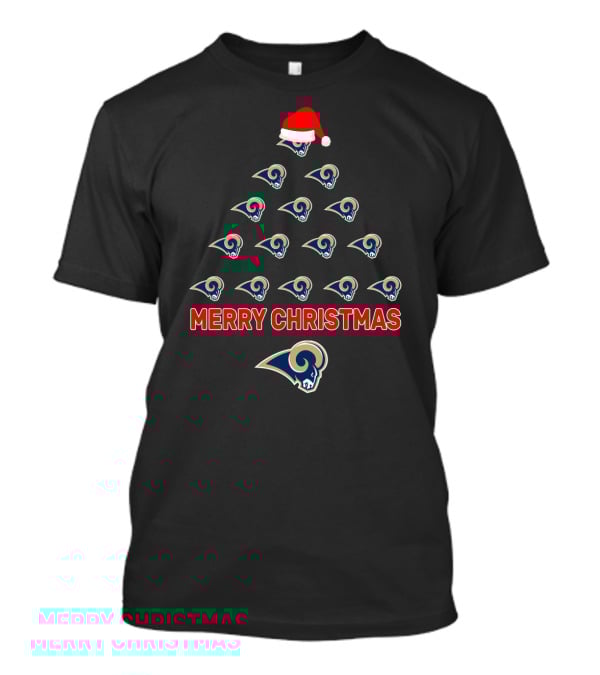 Merry Christmas Los Angeles Rams Holiday Tree With Santa Hat T-Shirt