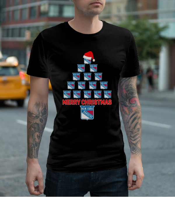 Merry Christmas New York Rangers Tree With Santa Hat T-Shirt