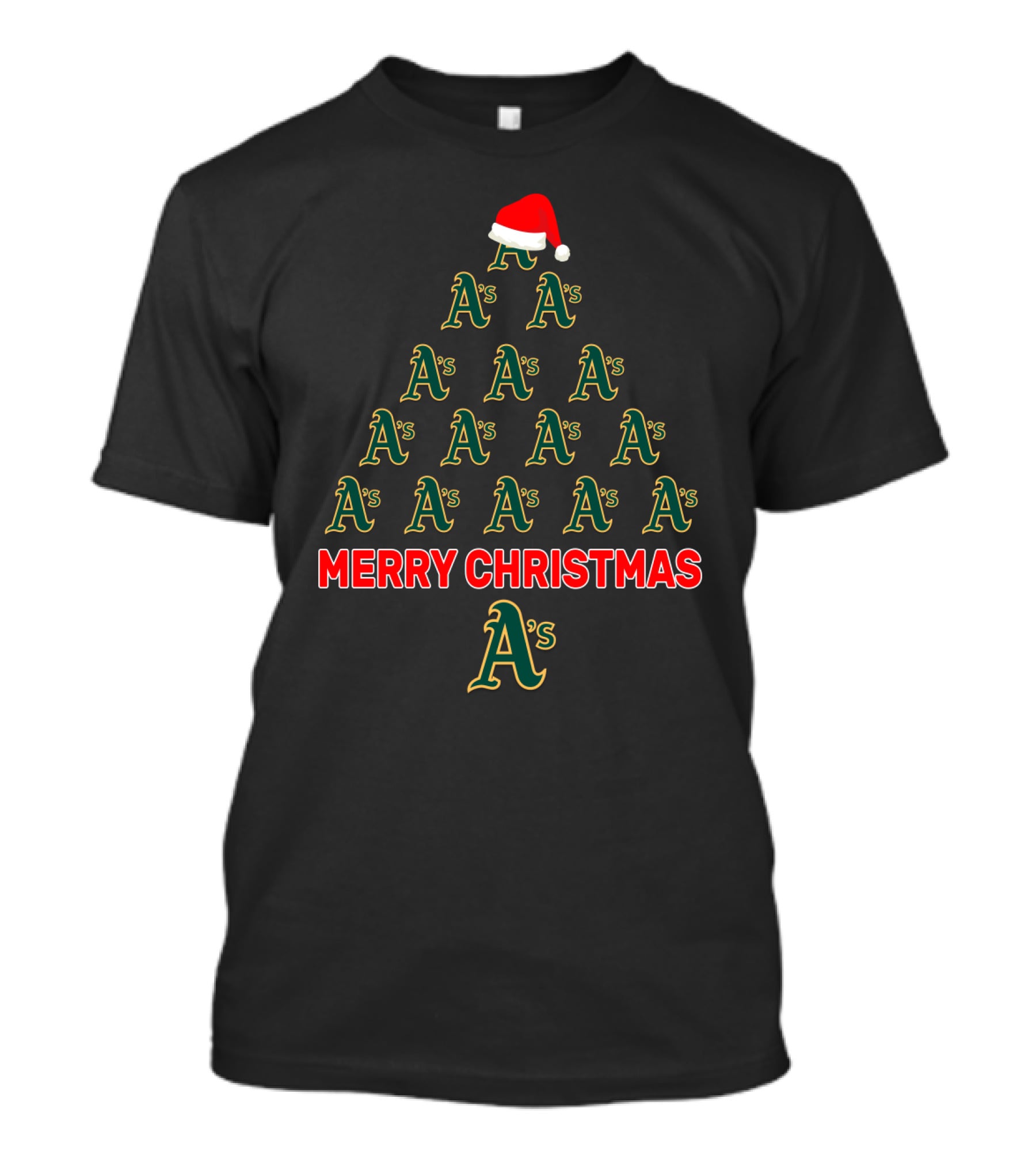 Merry Christmas Oakland Athletics Holiday Tree With Santa Hat T-Shirt