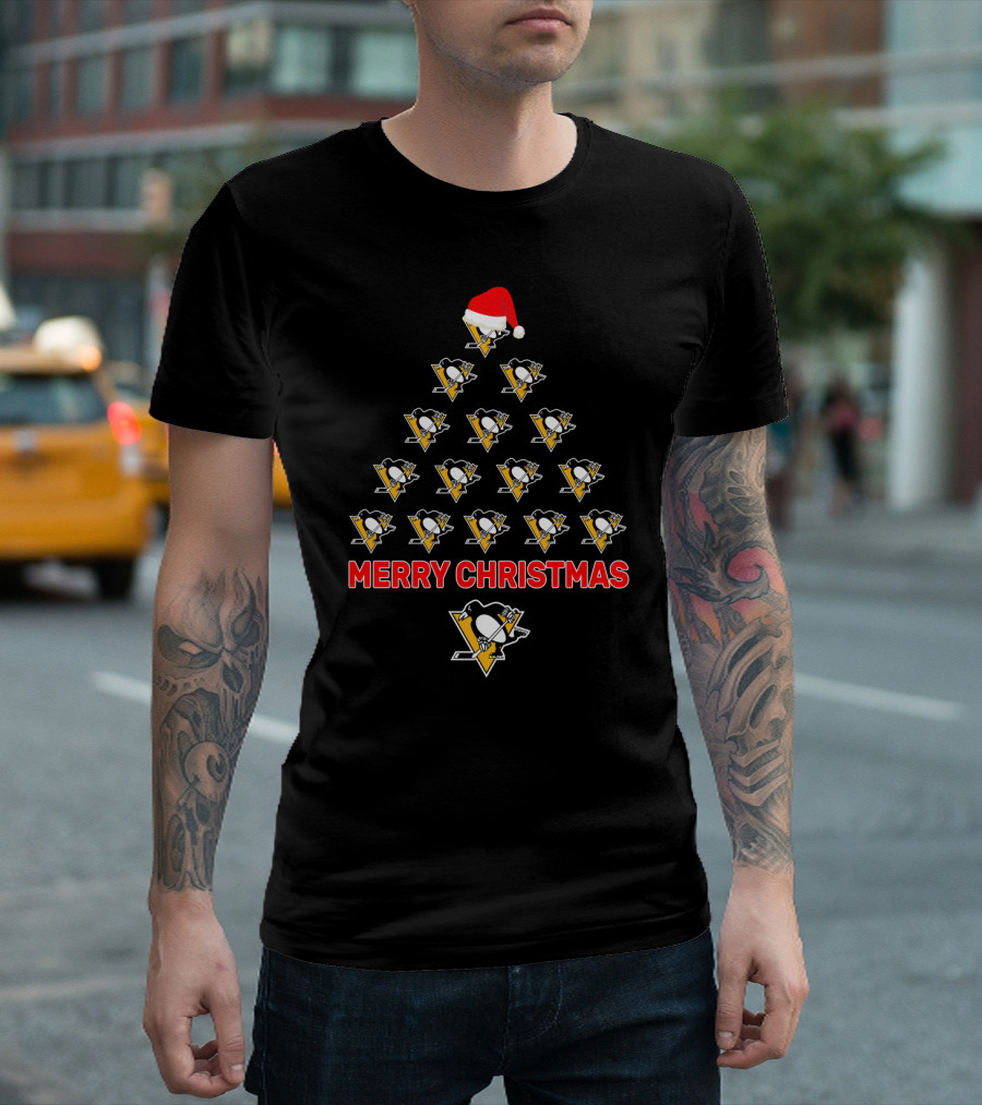 Merry Christmas Pittsburgh Penguins Santa Hat Hockey Tree T-Shirt