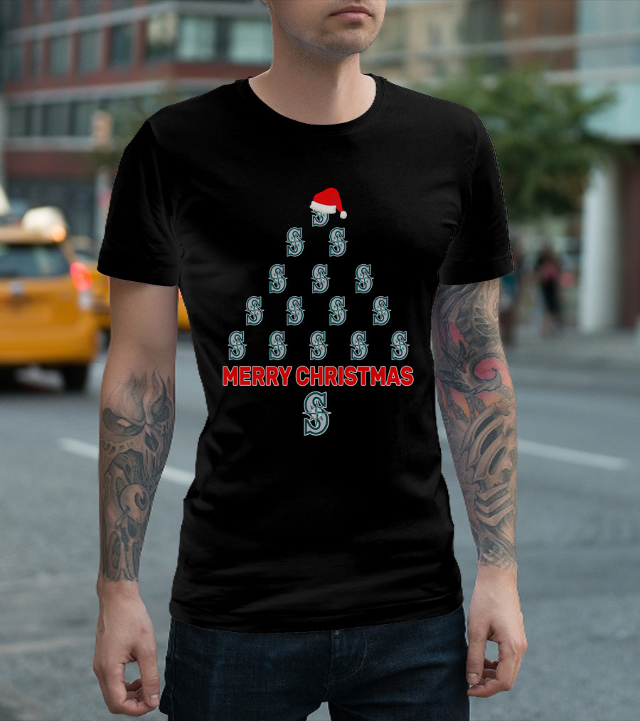 Merry Christmas Seattle Mariners Logo Tree Santa Hat T-Shirt