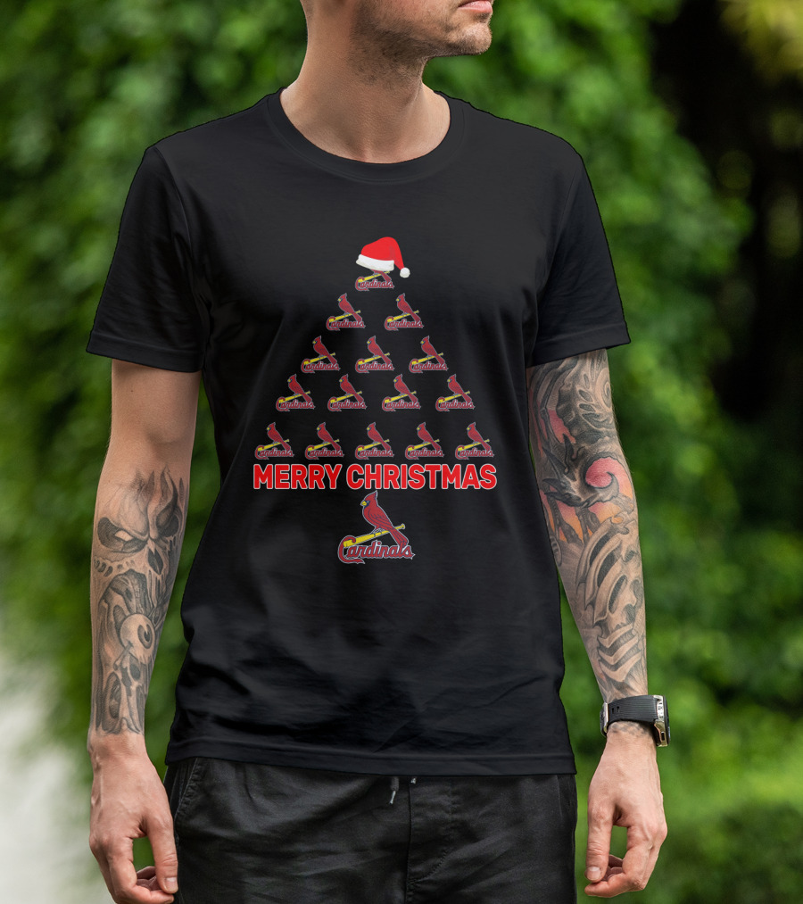 Merry Christmas Cardinals Tree With Santa Hat For St. Louis Fans T-Shirt