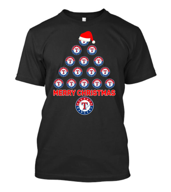 Texas Rangers Merry Christmas Tree With Santa Hat T-Shirt