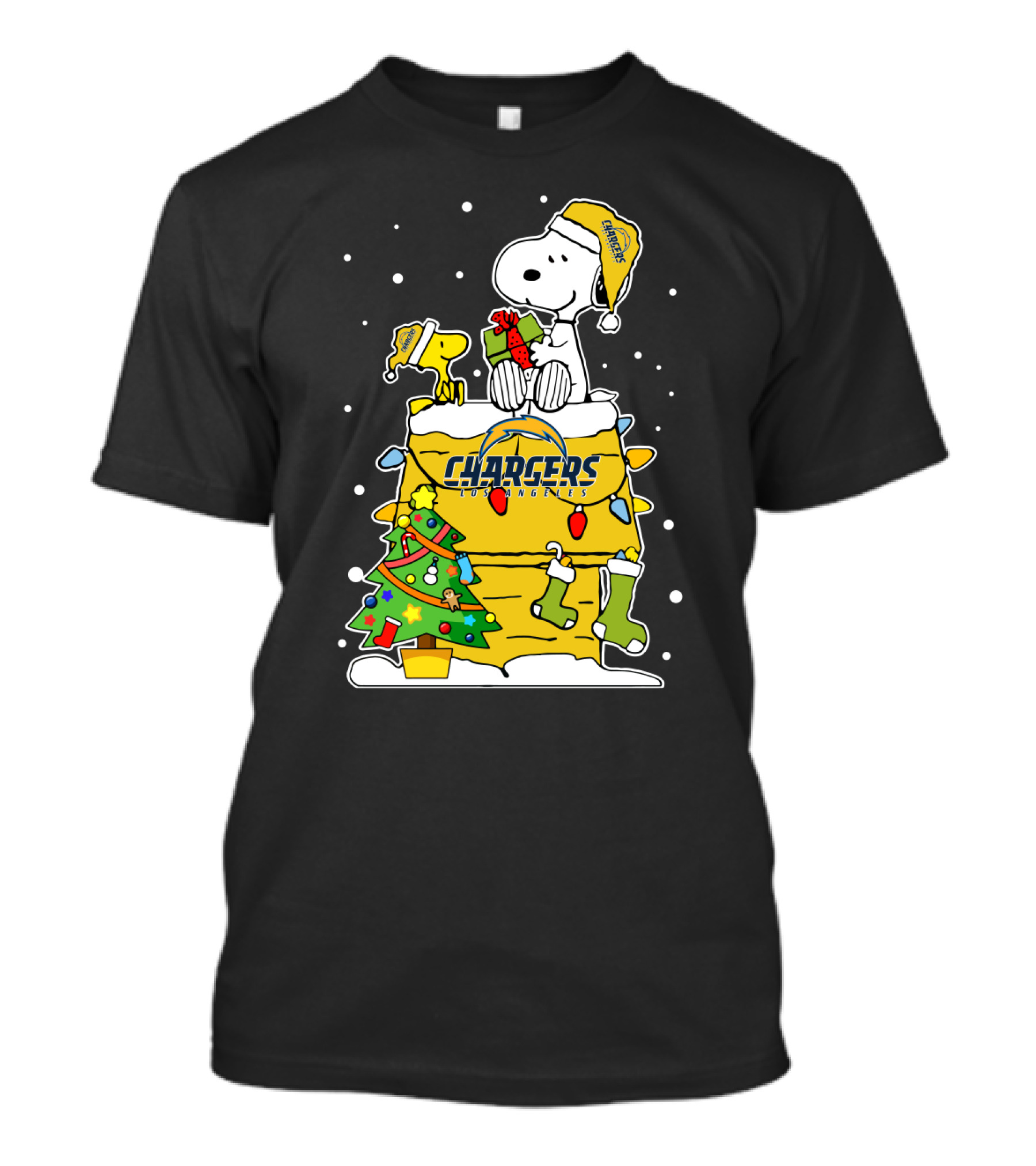 Los Angeles Chargers Snoopy Christmas House With Woodstock And Present T-Shirt