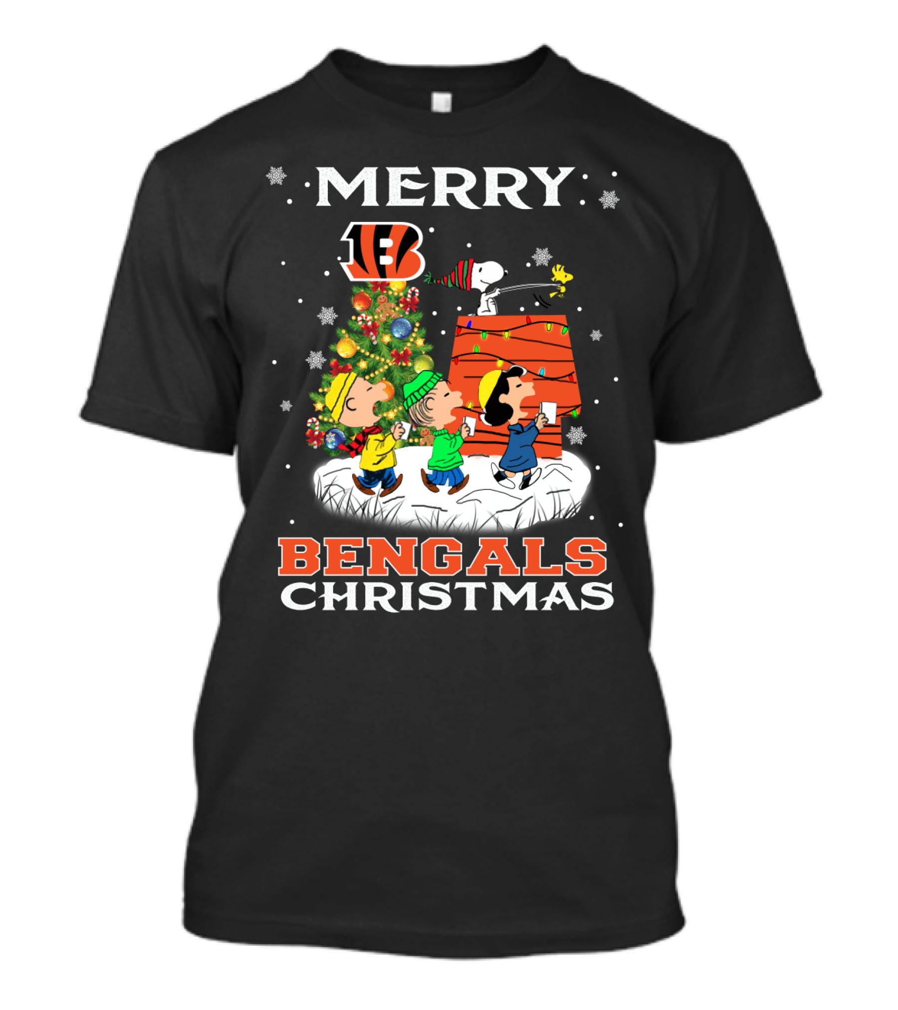 Merry Cincinnati Bengals Christmas Snoopy Woodstock Charlie Brown Linus Lucy T-Shirt