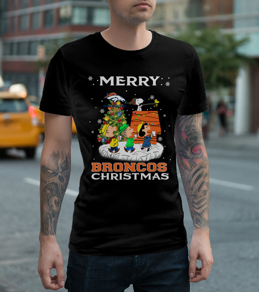 Merry Broncos Christmas Snoopy Fans Denver Christmas Tree Peanuts T-Shirt