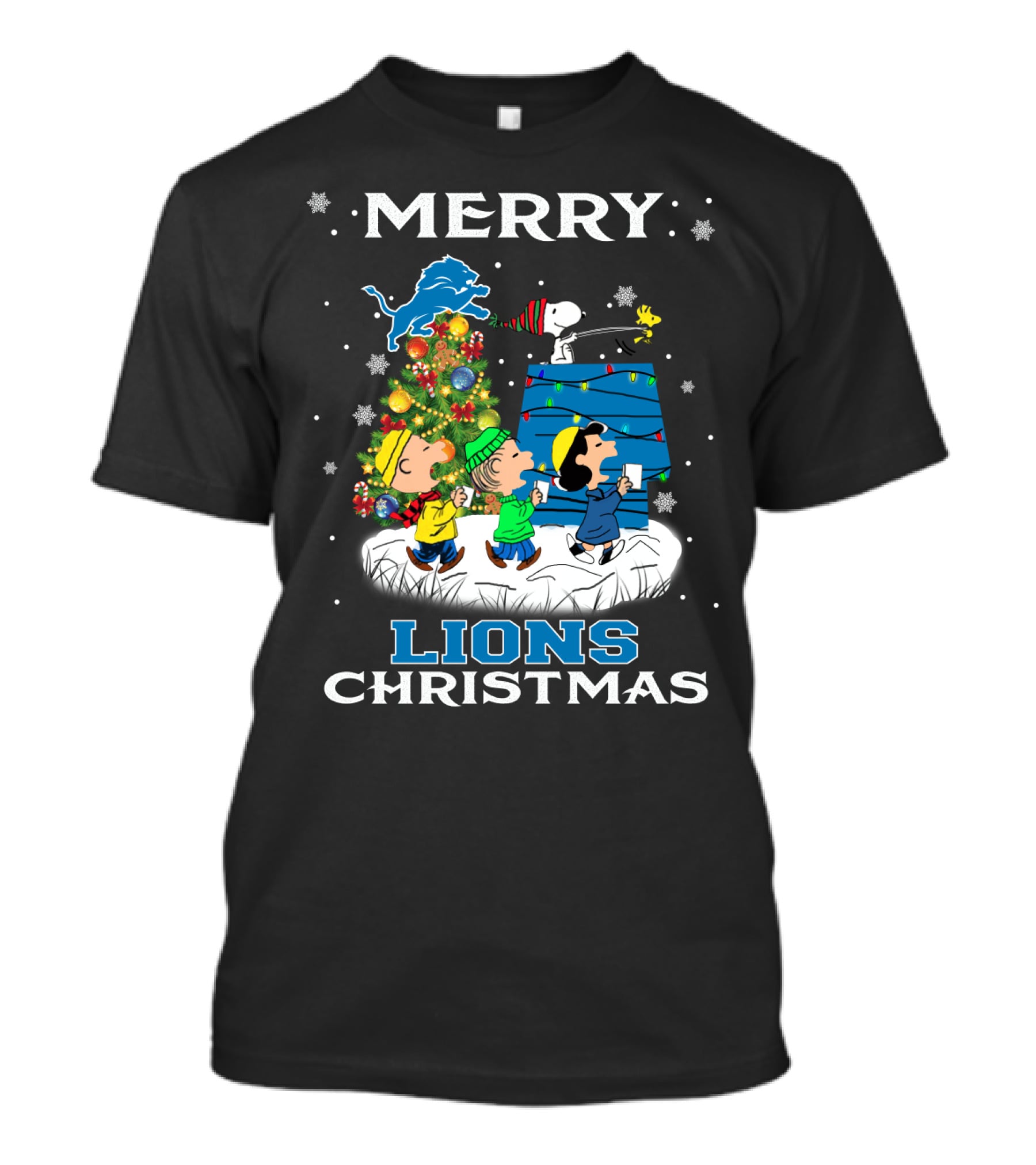 Merry Detroit Lions Christmas Snoopy Woodstock Peanuts Tree T-Shirt