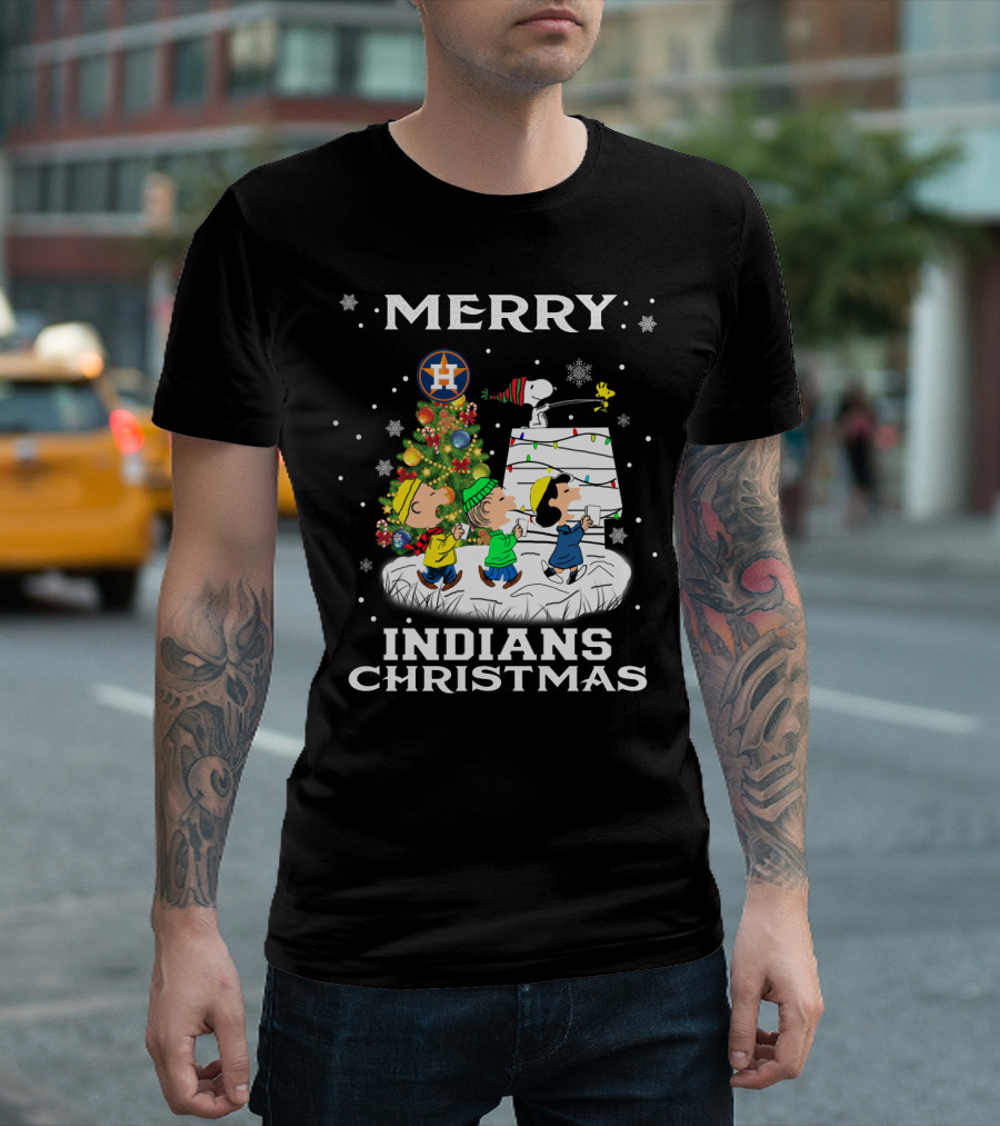Merry Houston Astros Indians Christmas For Snoopy Fans T-Shirt
