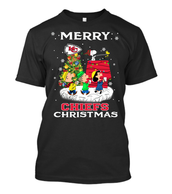 Merry Kansas City Chiefs Christmas Featuring Snoopy And Woodstock With Festive Tree T-Shirt