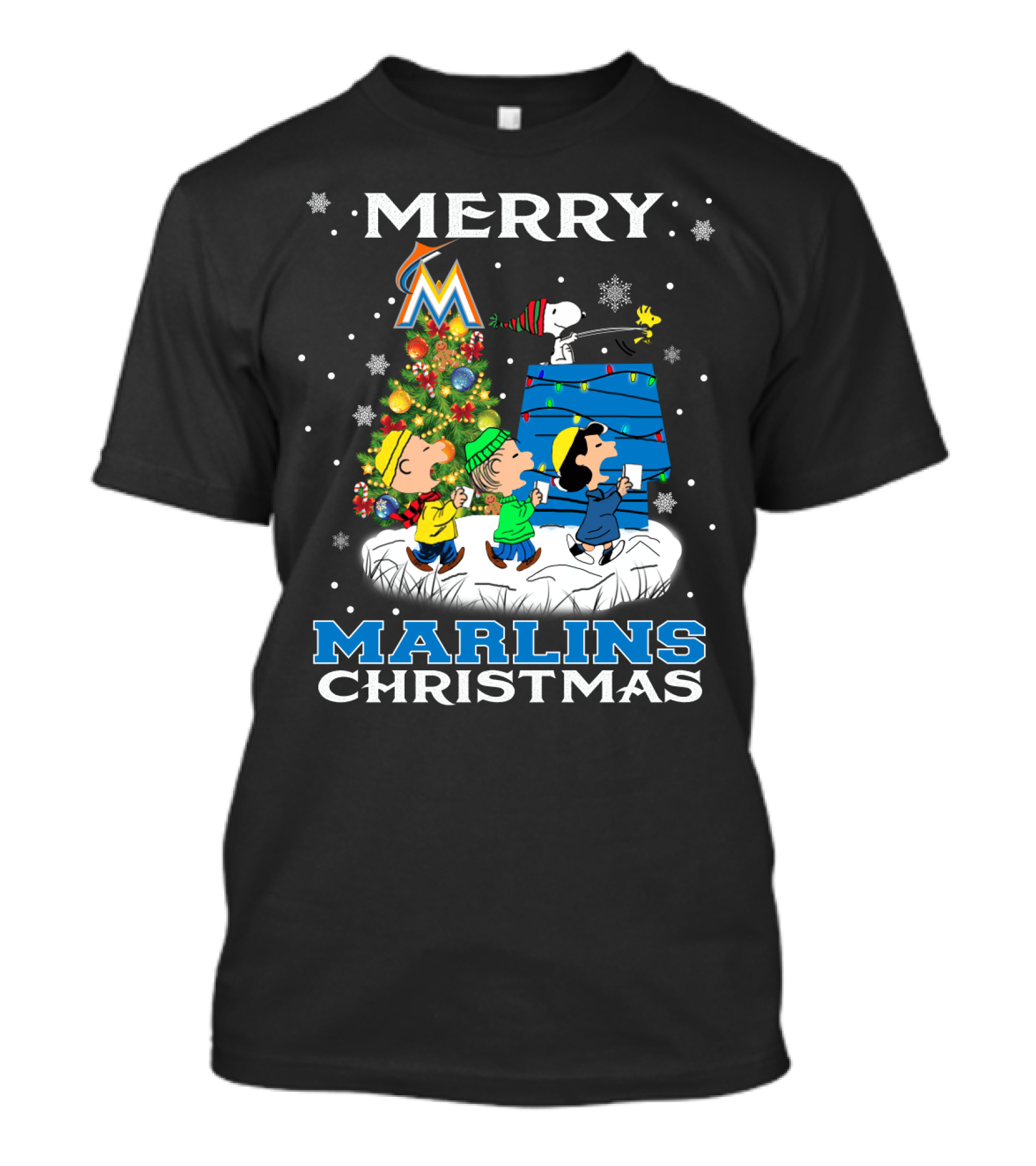 Merry Miami Marlins Christmas With Snoopy And Peanuts Characters T-Shirt