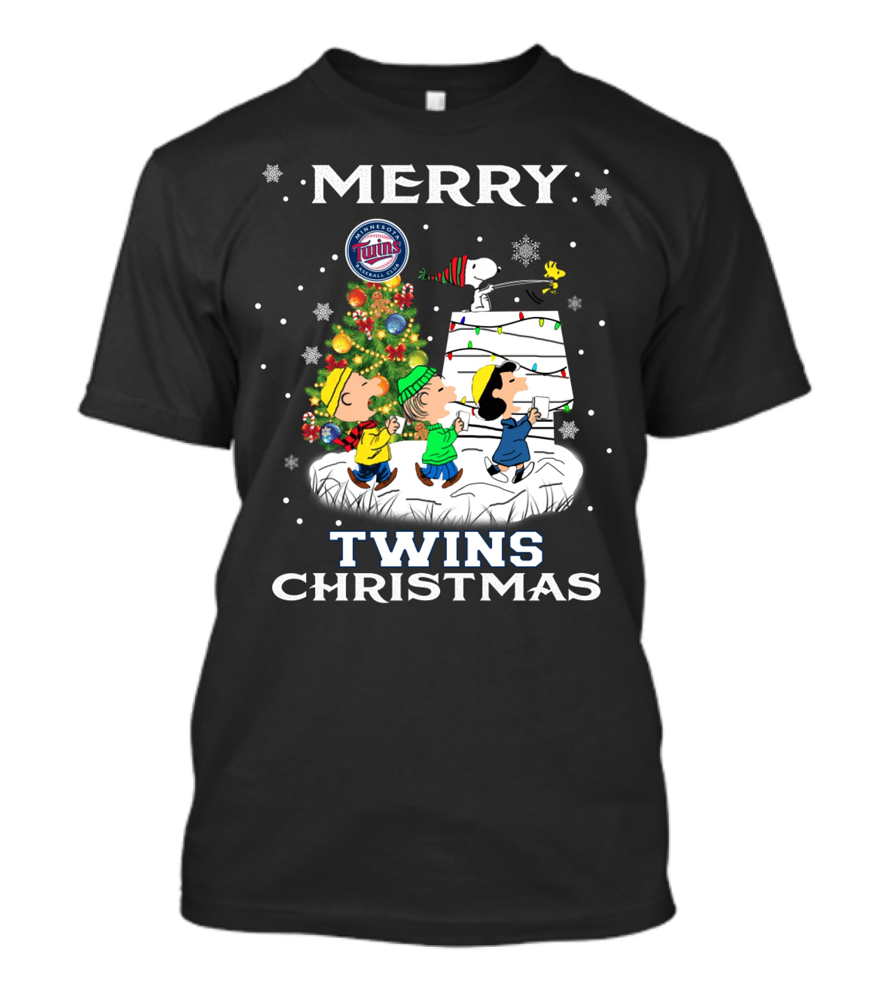 Merry Minnesota Twins Christmas Snoopy Charlie Brown Tree Woodstock T-Shirt