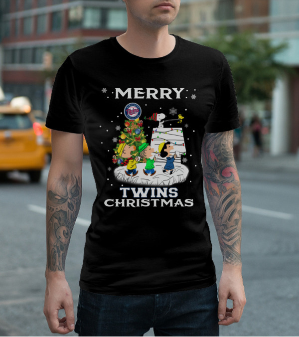 Merry Minnesota Twins Christmas Snoopy Charlie Brown Tree Woodstock T-Shirt