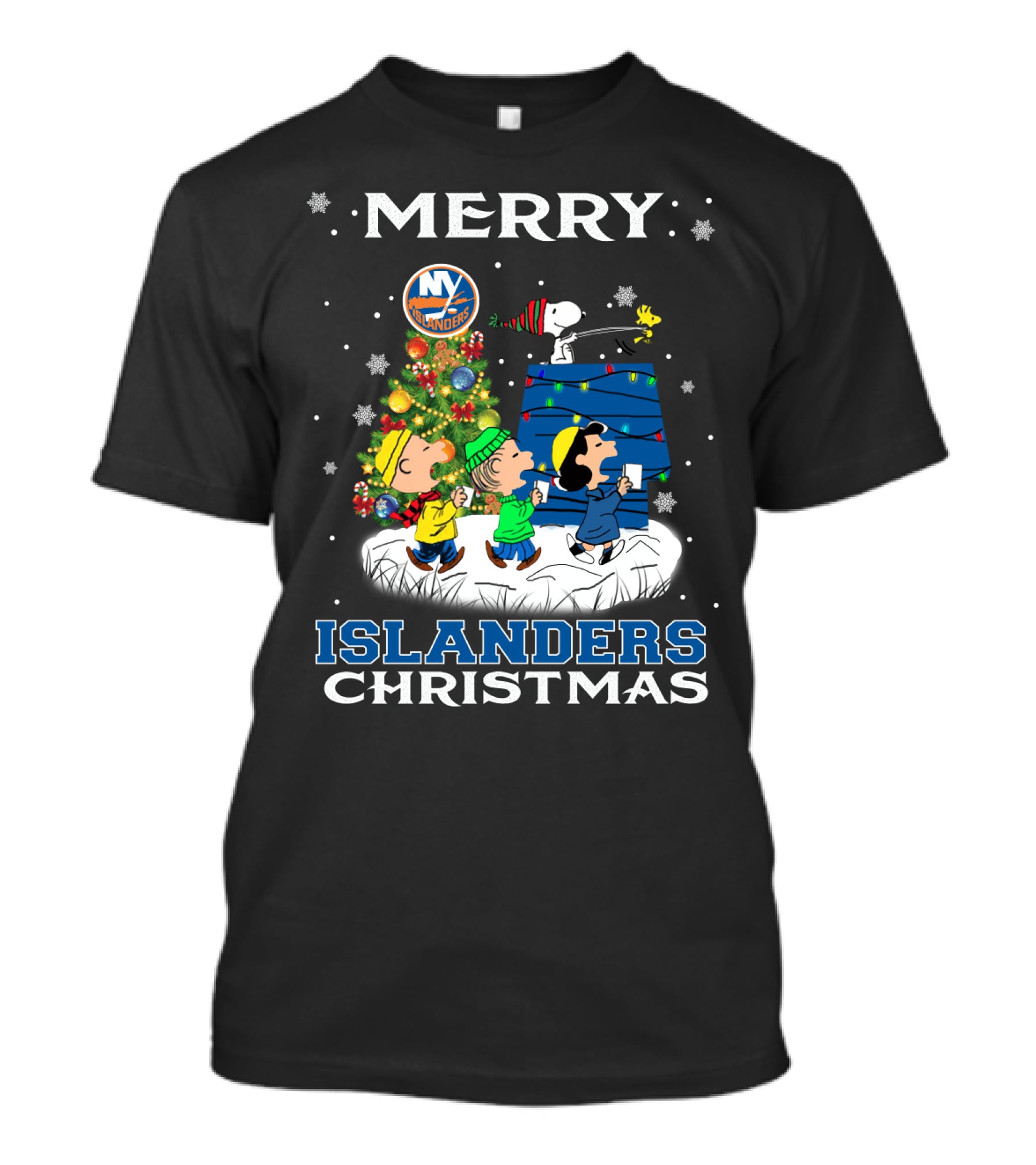 Merry Christmas New York Islanders Snoopy Fans With Peanuts Tree And Lights T-Shirt