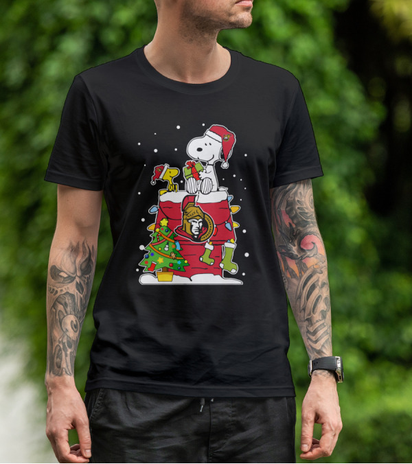 Snoopy Ottawa Senators Christmas Theme With Woodstock And Christmas Tree T-Shirt