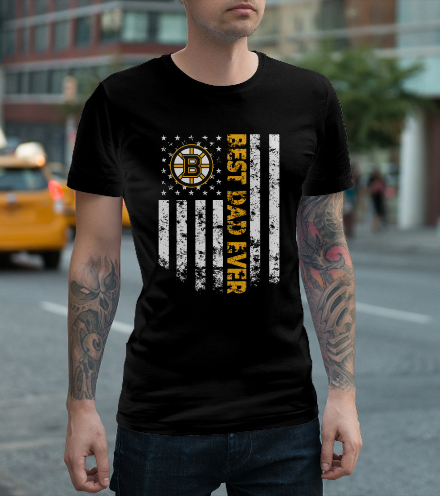 Best Boston Bruins Dad Ever American Flag Style T-Shirt