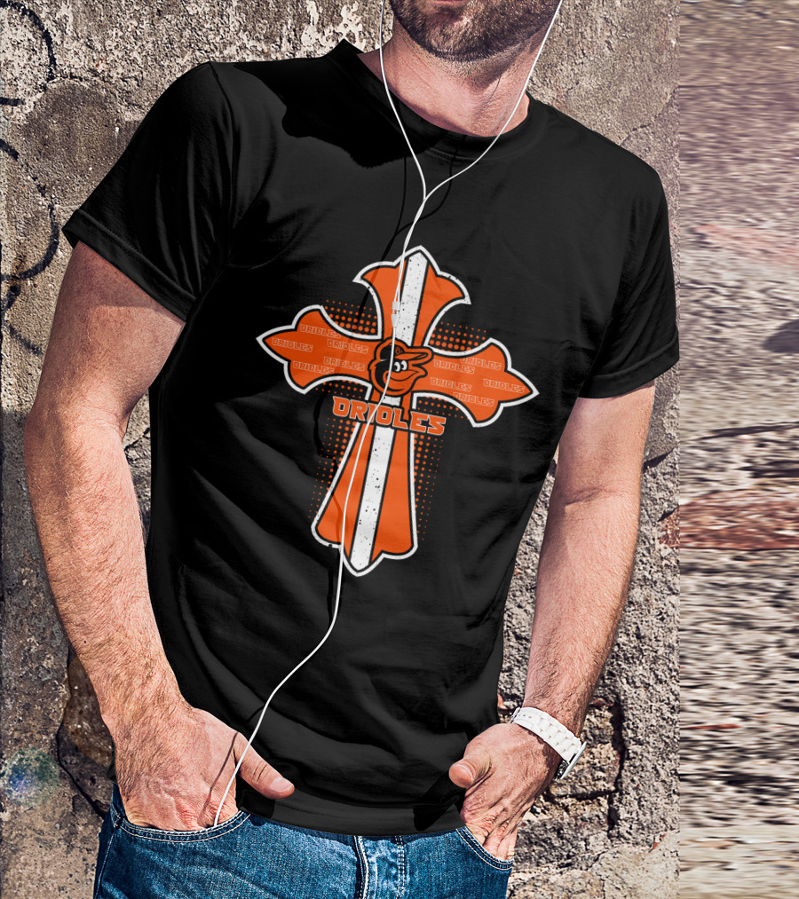 Cross Design Featuring Orioles Text And Mascot T-Shirt