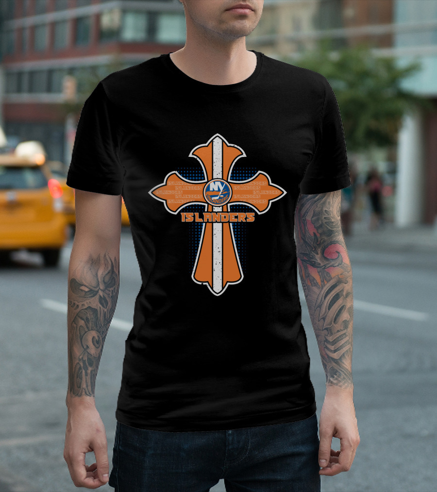 New York Islanders Cross Fan Design With Team Logo And Text Elements T-Shirt