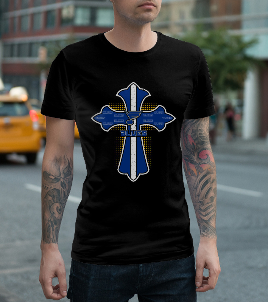 Blues Cross with St. Louis Blues Hockey Symbol and Blues Text for Devoted Fans T-Shirt