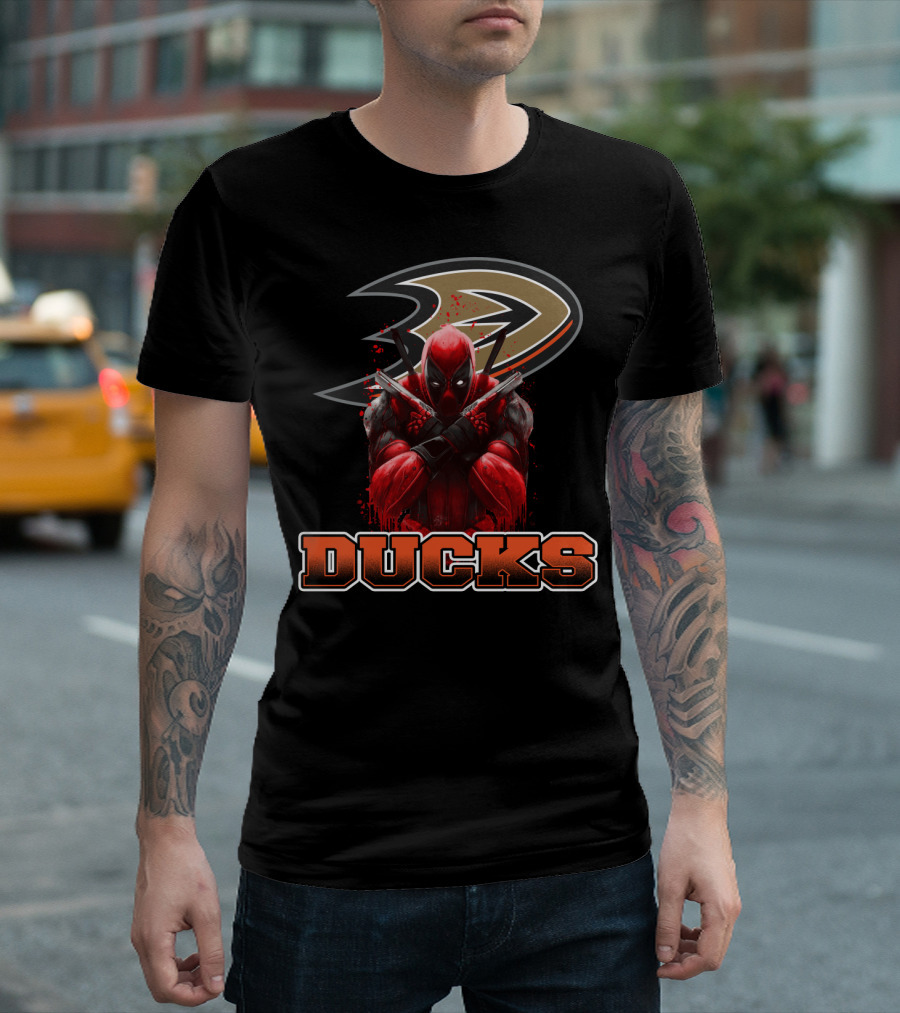 Anaheim Ducks and Deadpool Mashup Featuring Iconic Logo and Comic Character T-Shirt