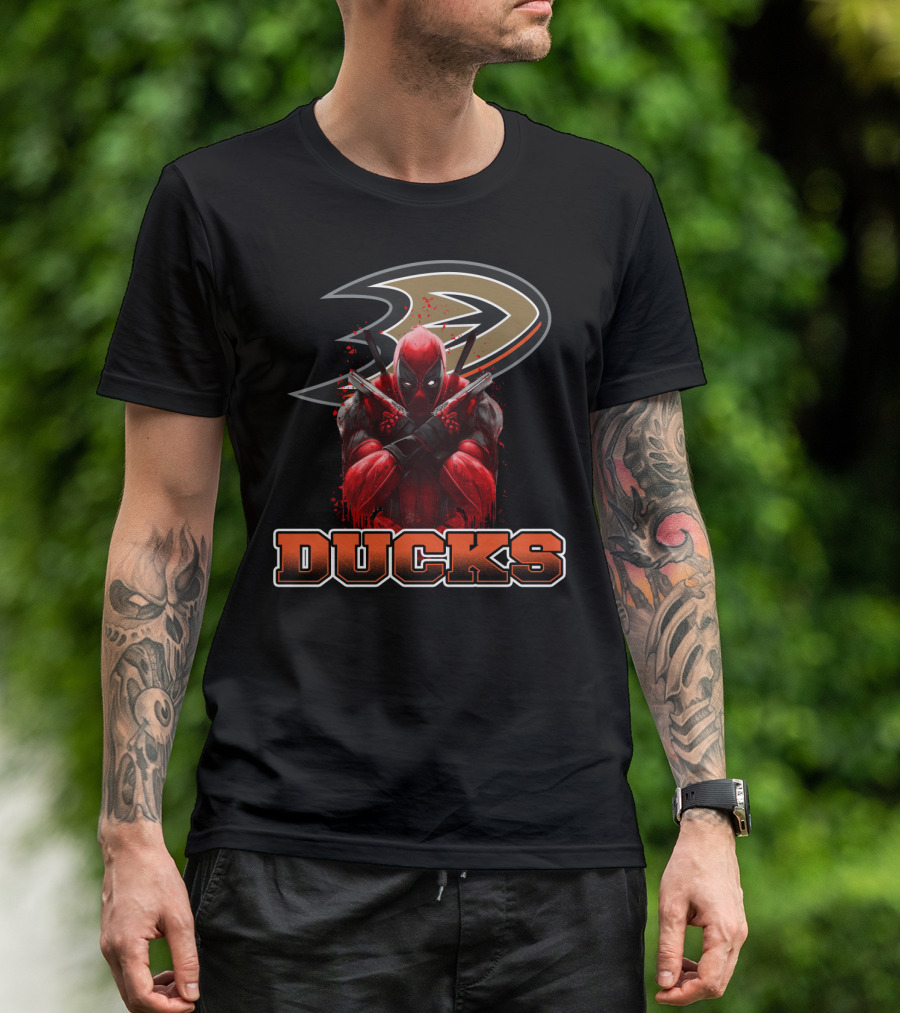 Anaheim Ducks And Deadpool Mashup Featuring Iconic Logo And Comic Character T-Shirt