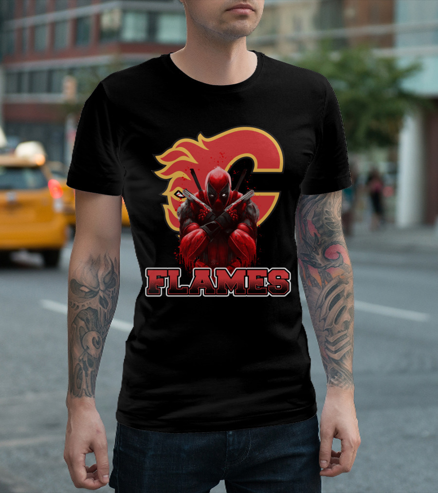 Calgary Flames Crossover with Deadpool Character Fan T-Shirt
